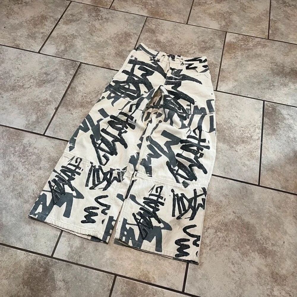 boohooMAN Extreme Baggy Rigid Graffiti Laser Print Jeans Size 28 Ecru Cream